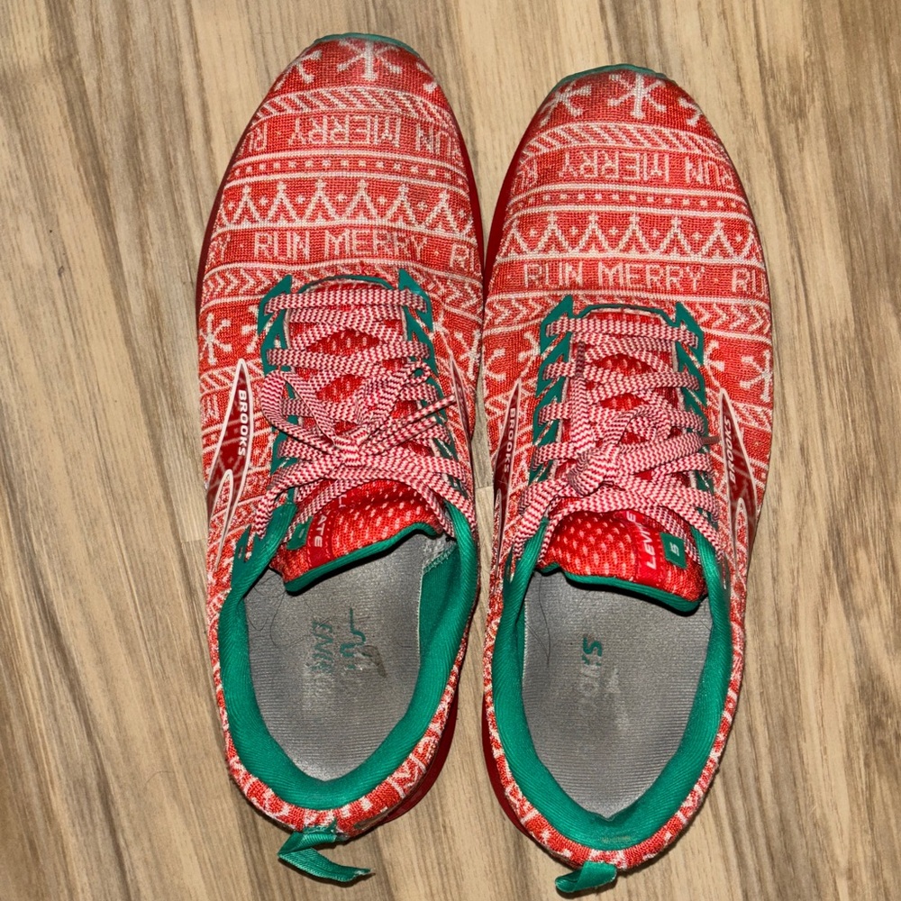 Men’s Brooks Red and Green Festive Sneakers